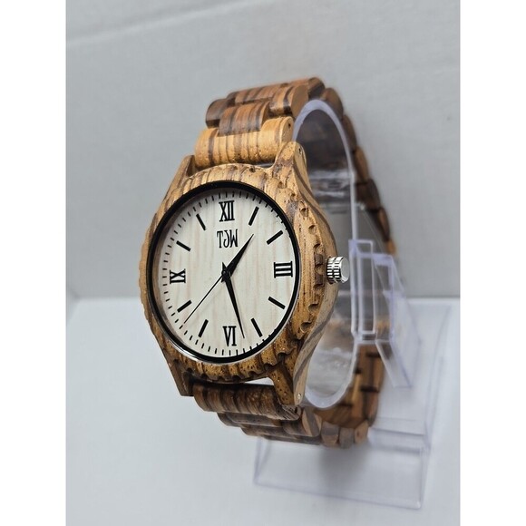 TJW Zebrawood Quartz Watch Roman Numeral Wooden Case 45mm New Battery Analog - Picture 2 of 10